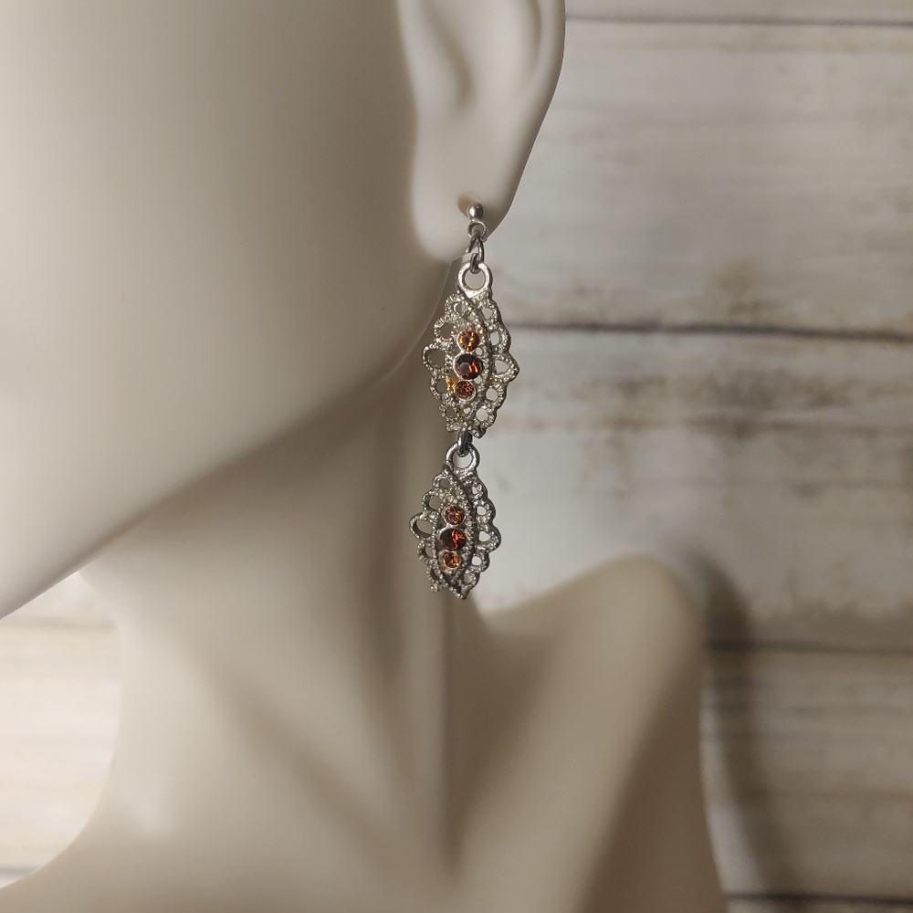 Silver Tone Amber Dangle Earrings